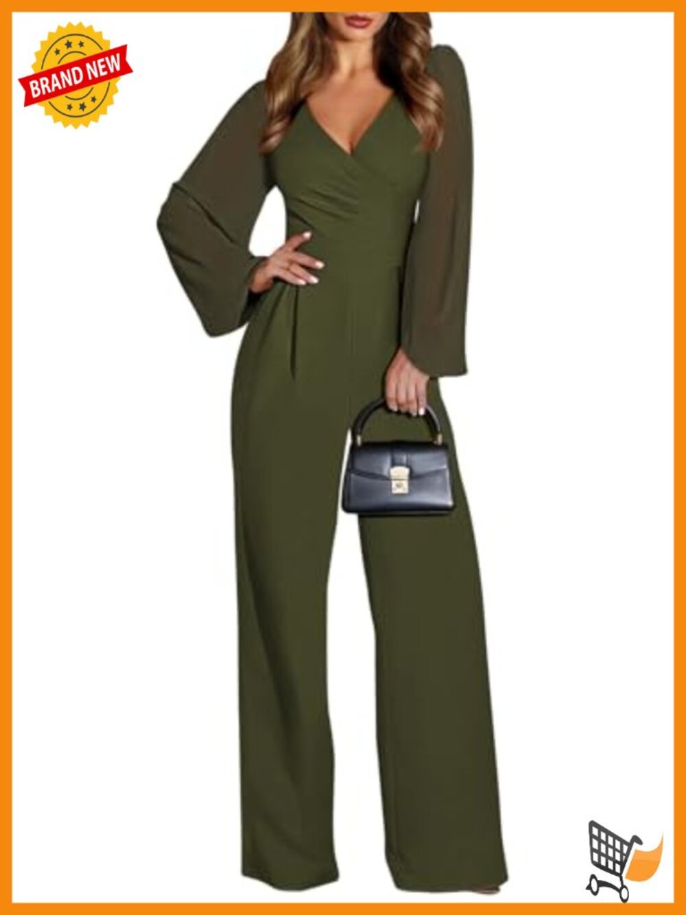 Elegant V-Neck Wide-Leg Jumpsuit with Chiffon Sleeves Formal Work Party